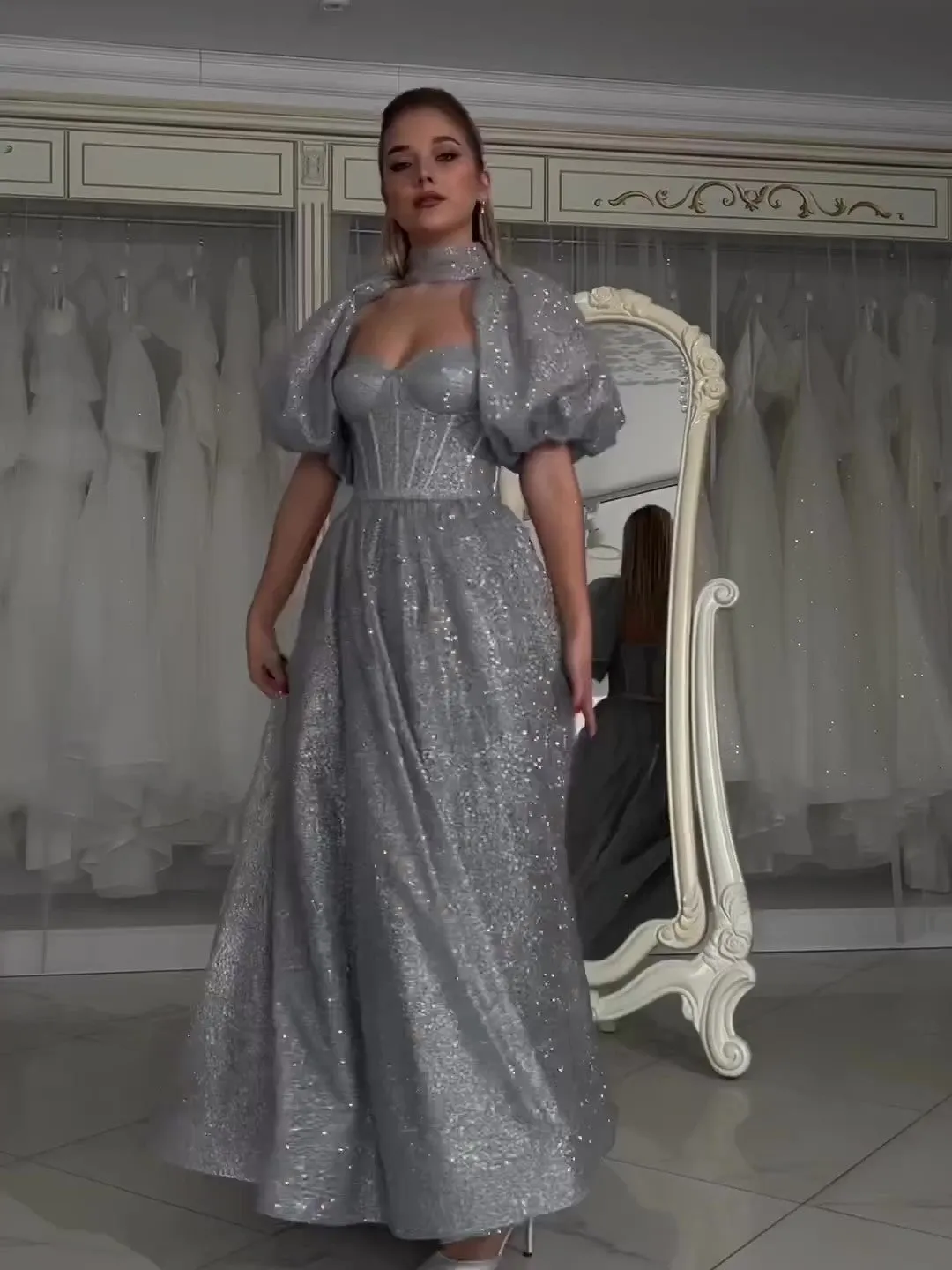 2 Pieces Grey Shiny Prom Dresses, A-line Prom Dresses, Gliter Prom Dresses, 2023 Prom Dresses