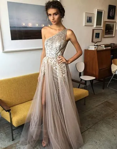 2020 unique formal tulle one shoulder side slit long prom dresses, PD4488