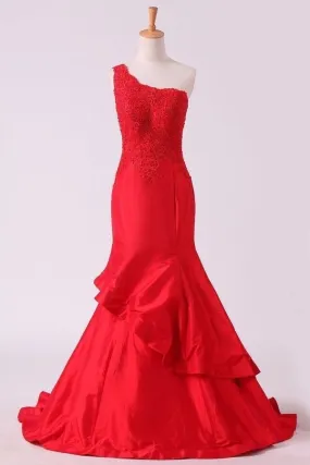 2024 Red One Shoulder Mermaid Prom Dresses Taffeta With Applique P6L3PQD8