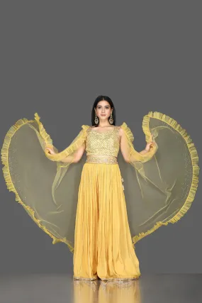 502557 Yellow Embroidered Crop Top with Palazzo and Organza Cape