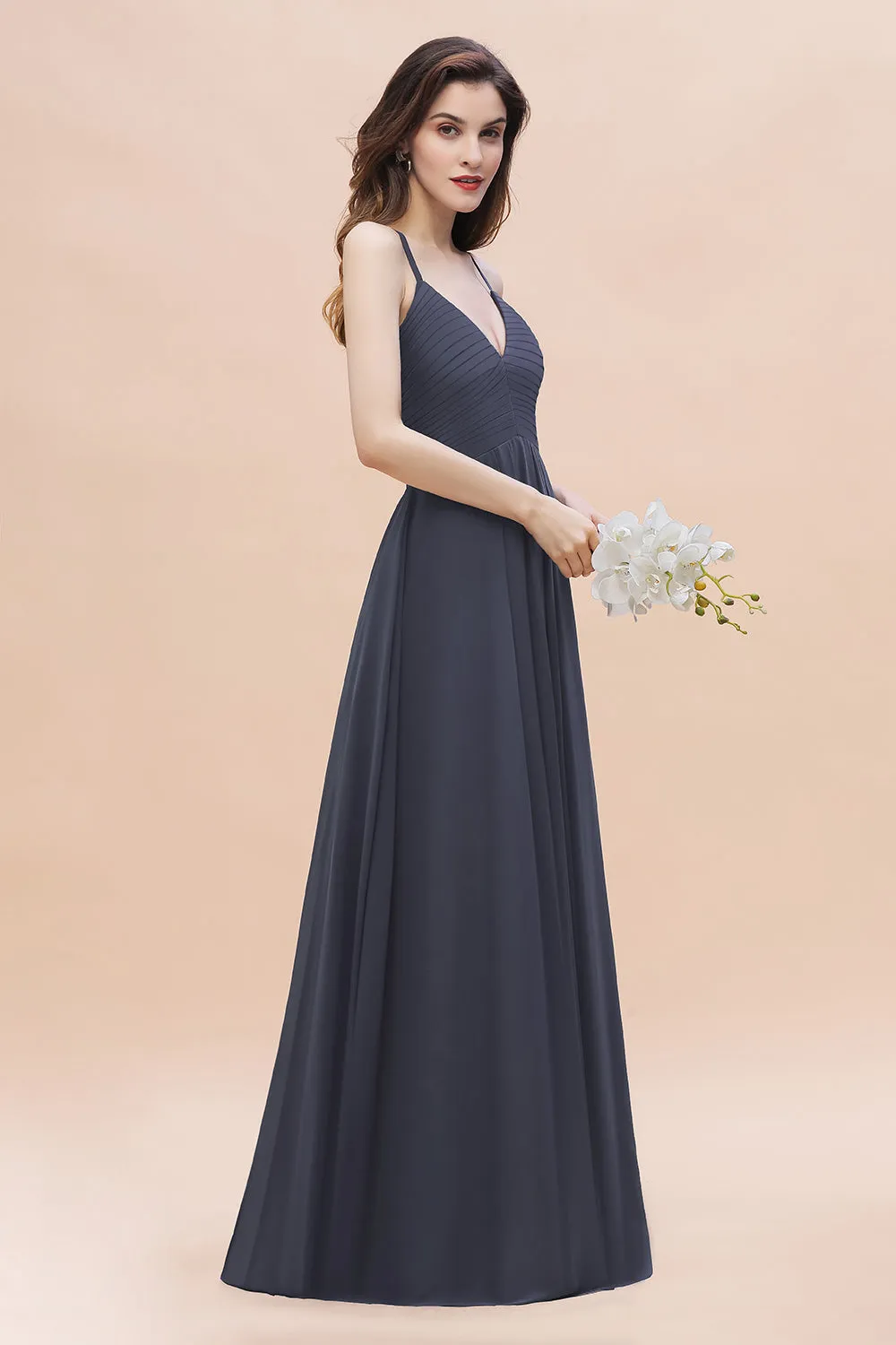 A-Line Chiffon V-Neck Bridesmaid Dress Classy Long Evening Dress With Pockets