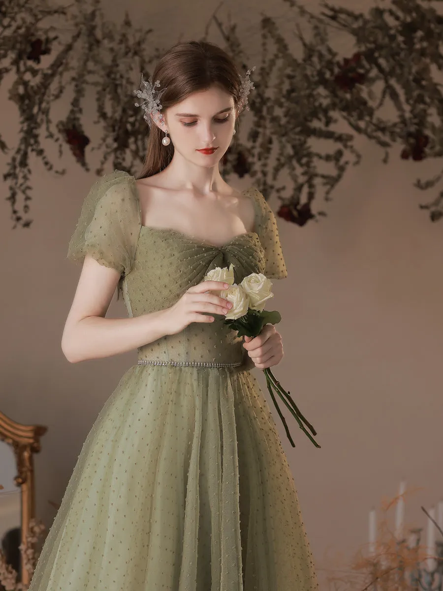 A-Line Green Tulle Long Prom Dresses, Green Tulle Formal Evening Dress