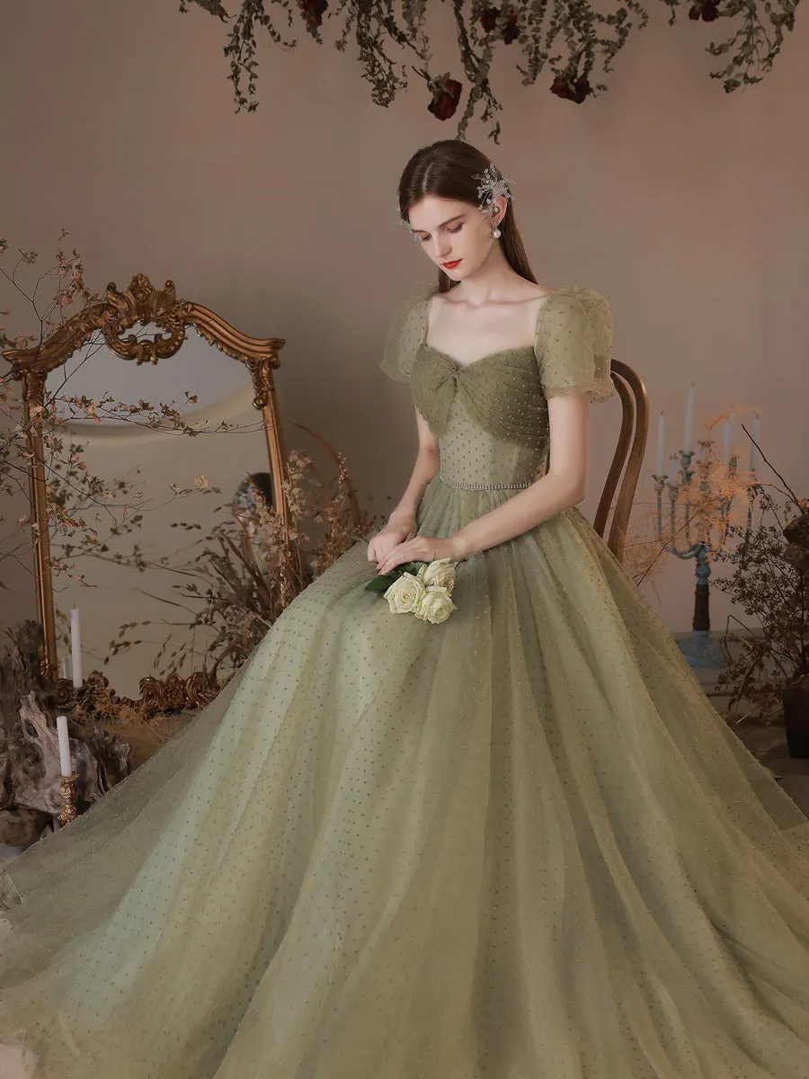 A-Line Green Tulle Long Prom Dresses, Green Tulle Formal Evening Dress