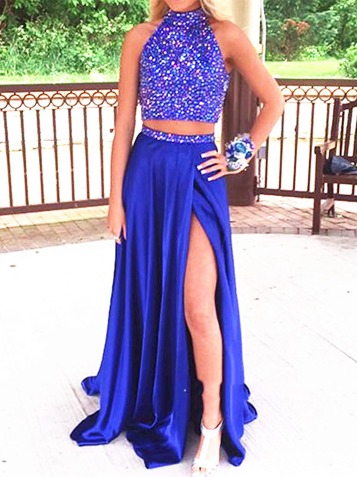 A Line High Neck 2 Pieces Blue Prom Dresses, 2 Pieces Blue Formal Dresses