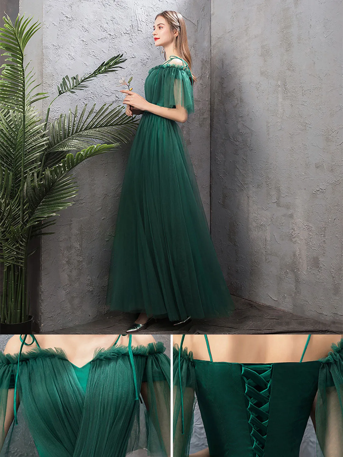 A-Line Off Shoulder Green Tulle Long Prom Dress, Green Formal Dresses