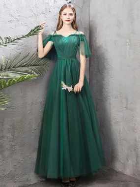 A-Line Off Shoulder Green Tulle Long Prom Dress, Green Formal Dresses