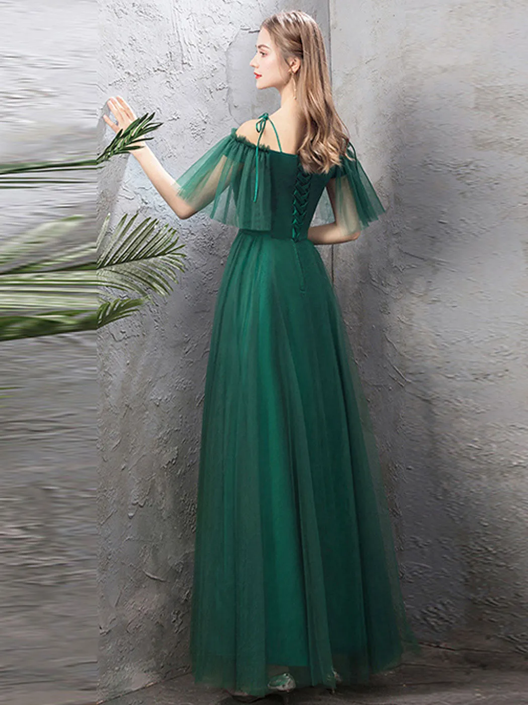 A-Line Off Shoulder Green Tulle Long Prom Dress, Green Formal Dresses