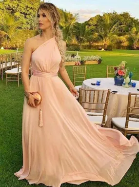 A-Line One-Shoulder Sweep Train Pink Chiffon Bridesmaid Dress