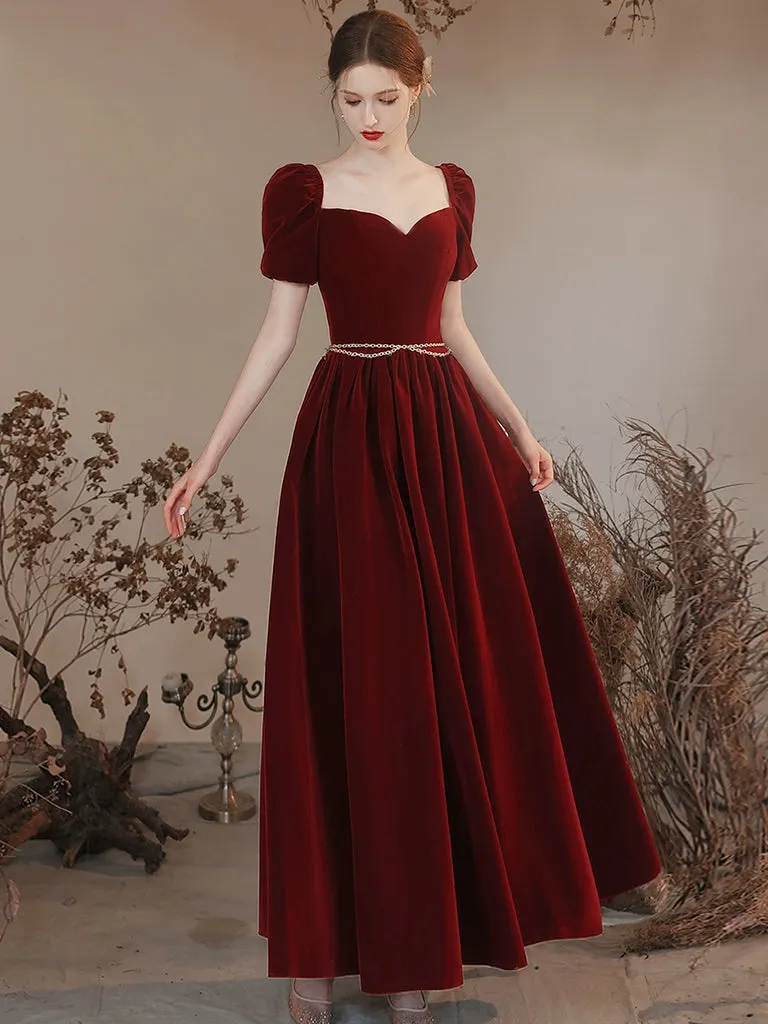 A-line Sweetheart Neck Velvet Burgundy Long Prom Dress, Burgundy Long Formal Dress