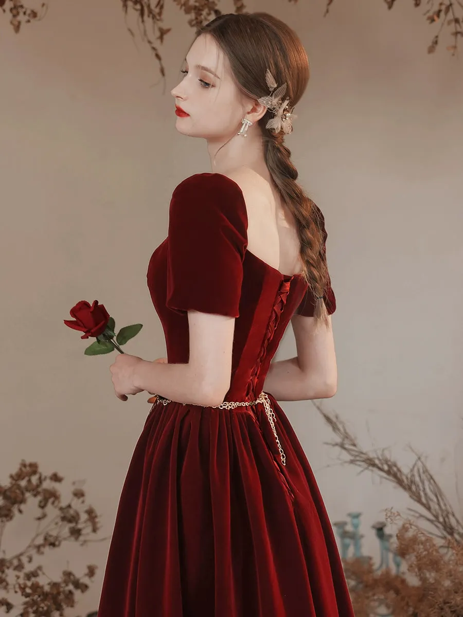 A-line Sweetheart Neck Velvet Burgundy Long Prom Dress, Burgundy Long Formal Dress