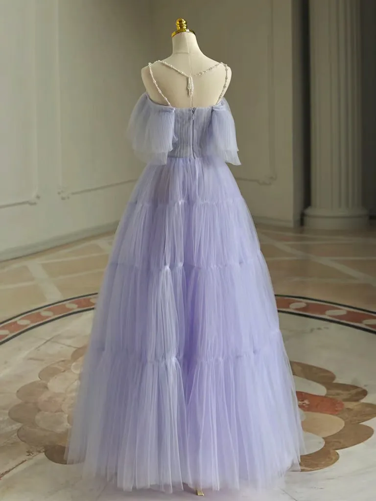 A-Line Tulle Purple Long Prom Dress, Purple Long Graduation Dress