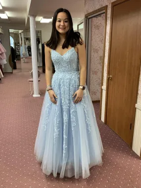 A Line V Neck Backless Light Blue Lace Long Prom Dresses, Light Blue Lace Formal Dresses, Light Blue Evening Dresses SP2935