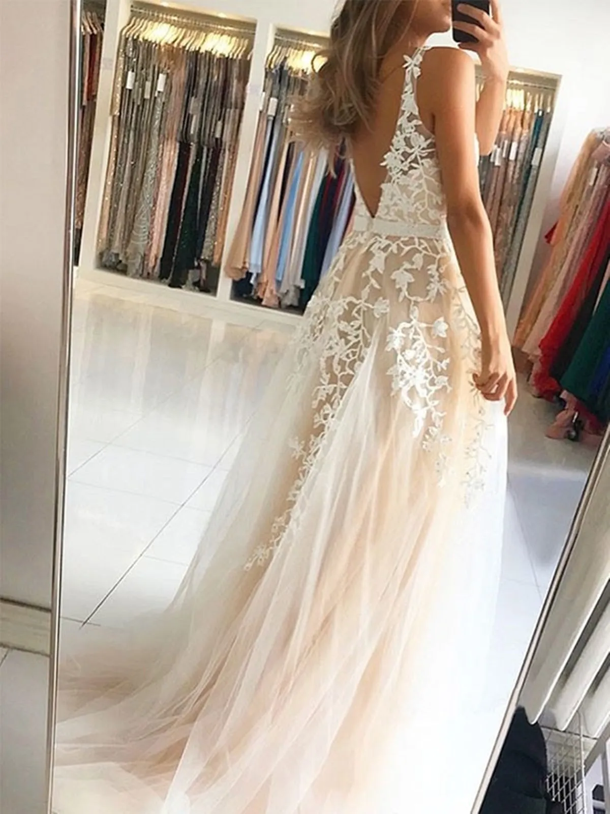 A Line V Neck Light Champagne Lace Long Prom Dresses, Open Back Light Champagne Lace Formal Evening Dresses SP2172