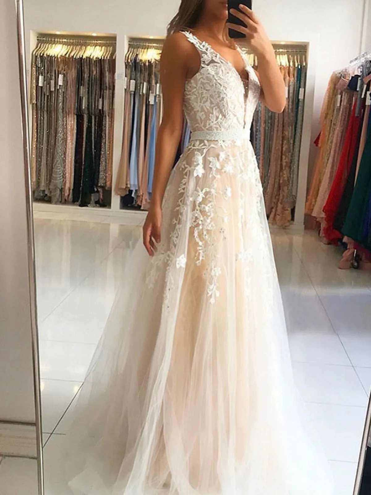 A Line V Neck Light Champagne Lace Long Prom Dresses, Open Back Light Champagne Lace Formal Evening Dresses SP2172