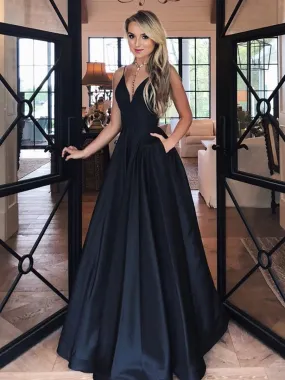 A-line V Neck Satin Long Prom Dresses with Pockets Simple Black Formal Graduation Evening Gowns