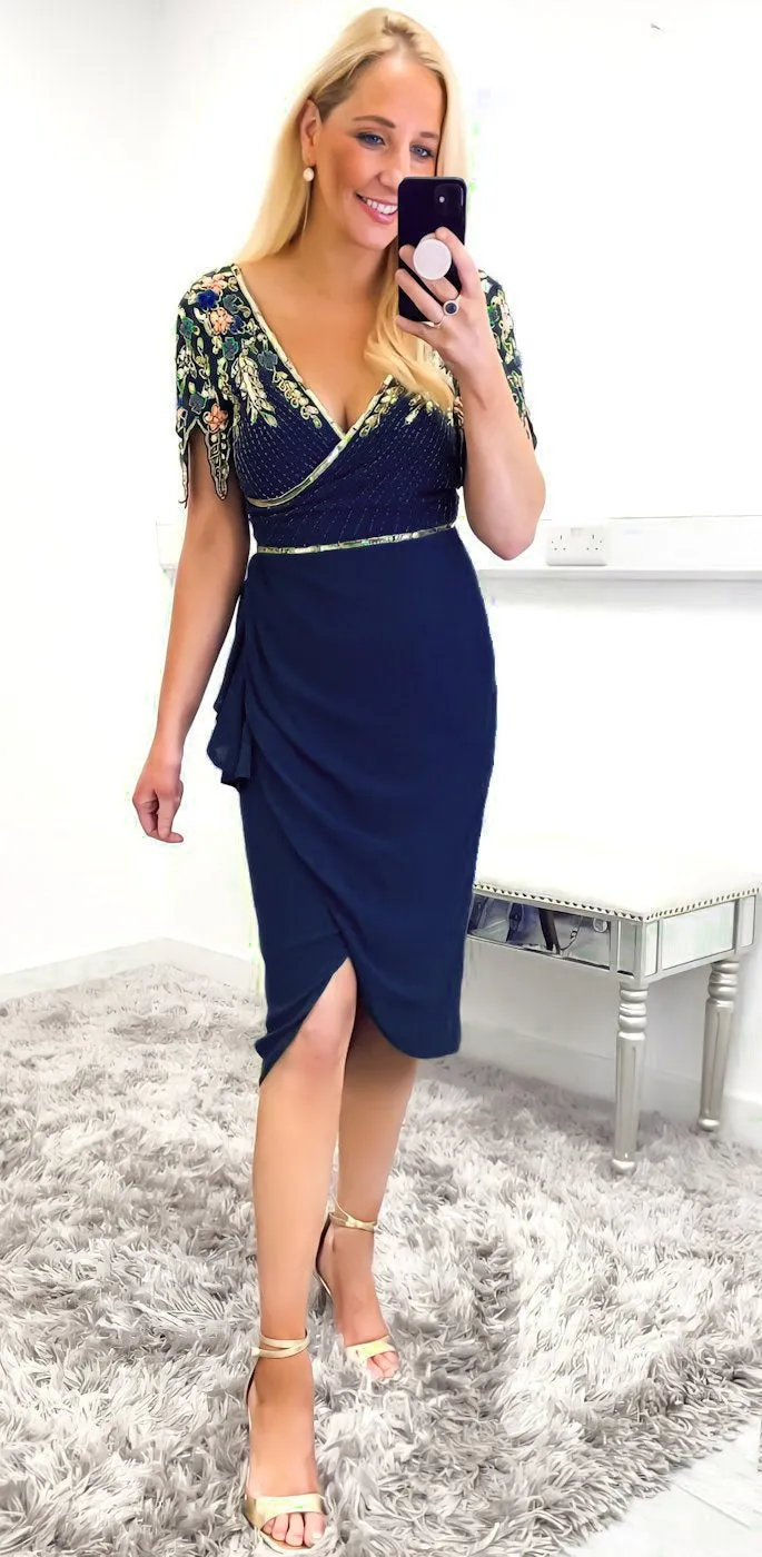 A1621 Navy Embellished Wrap Skirt Dress