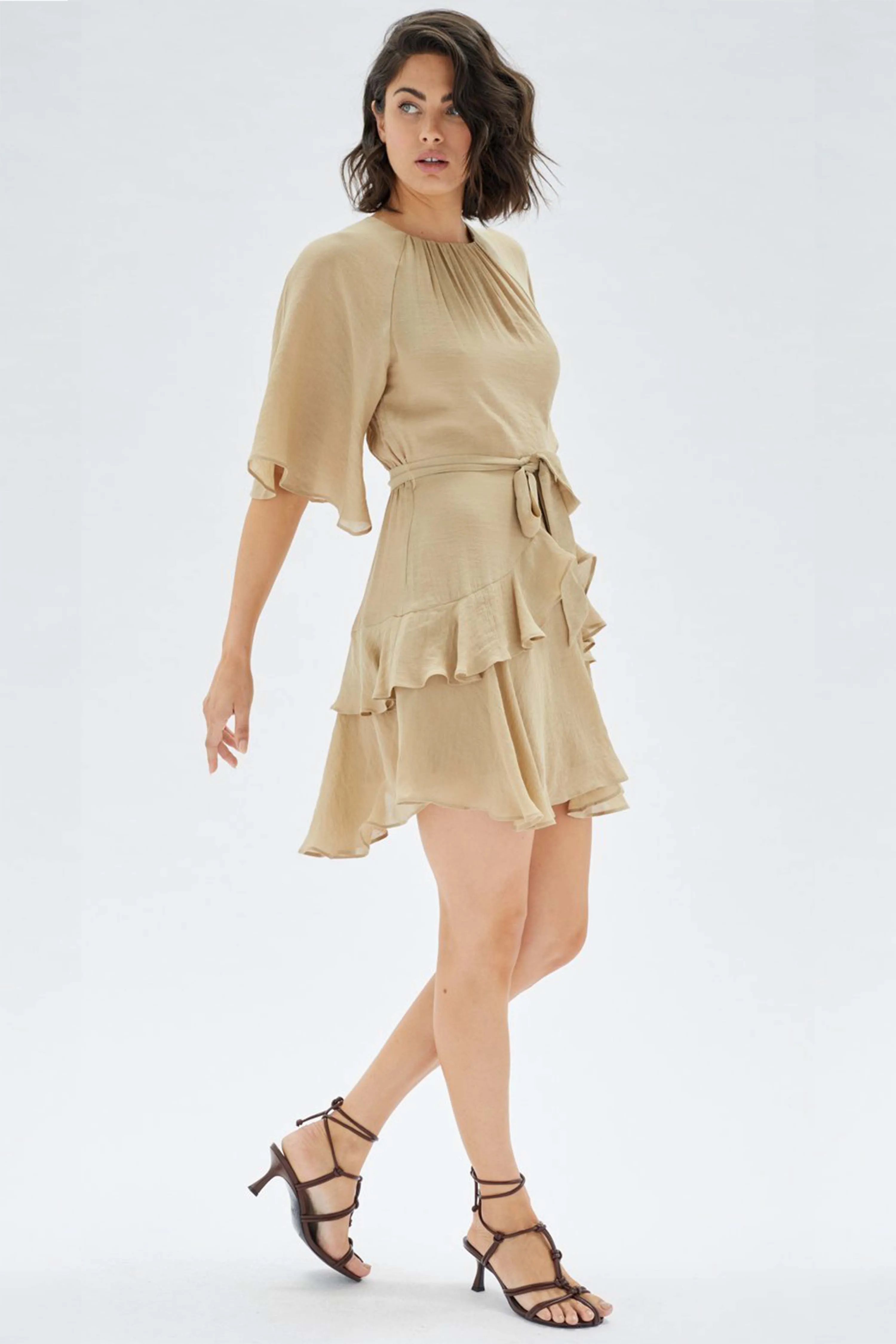 Abbas Raglan Frill Tie Waist Soft Khaki Mini Dress