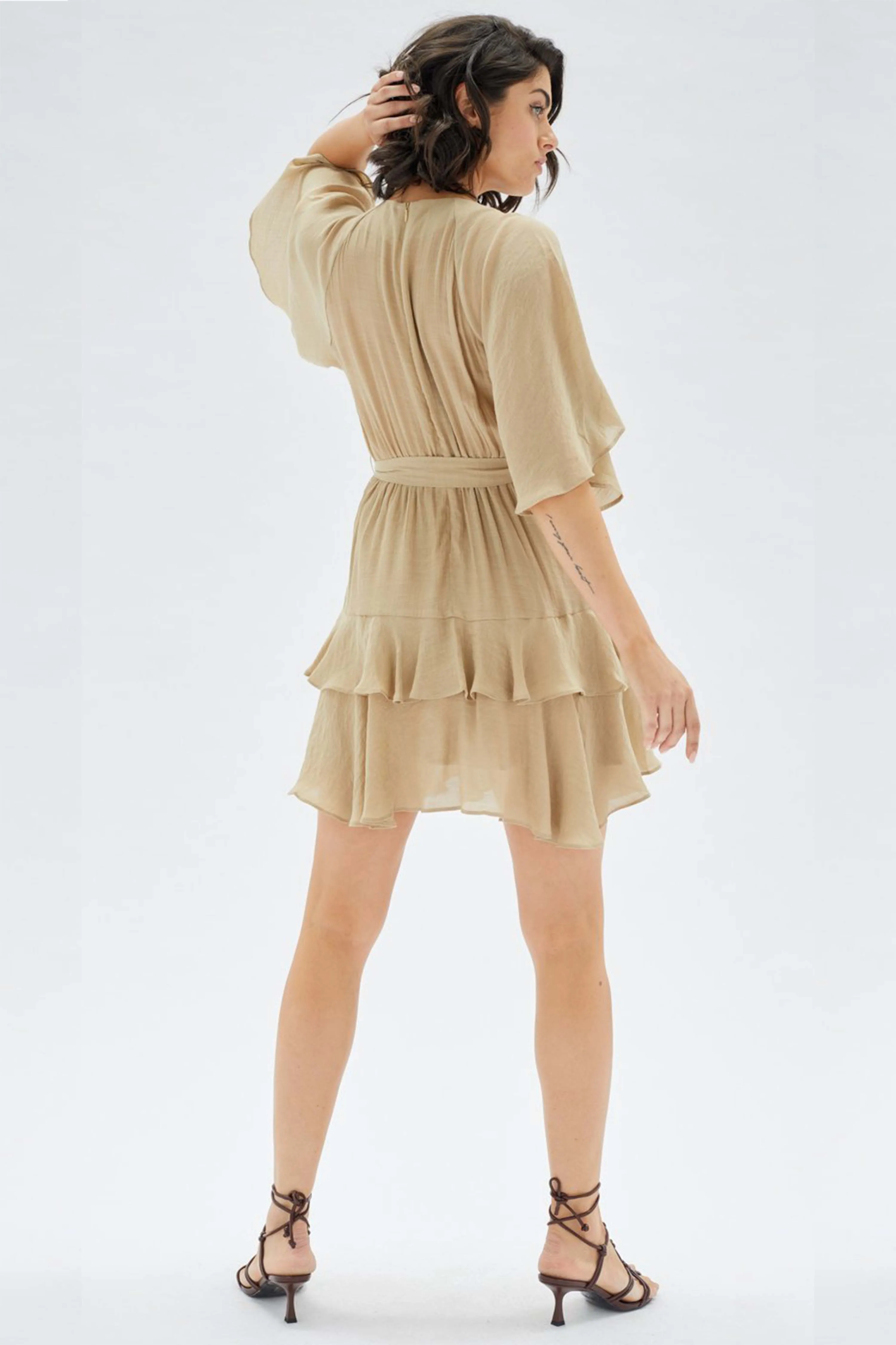 Abbas Raglan Frill Tie Waist Soft Khaki Mini Dress