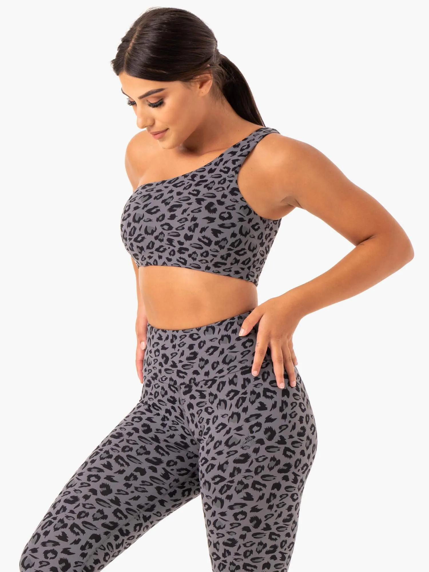 Adapt One Shoulder Sports Bra - Grey Leopard