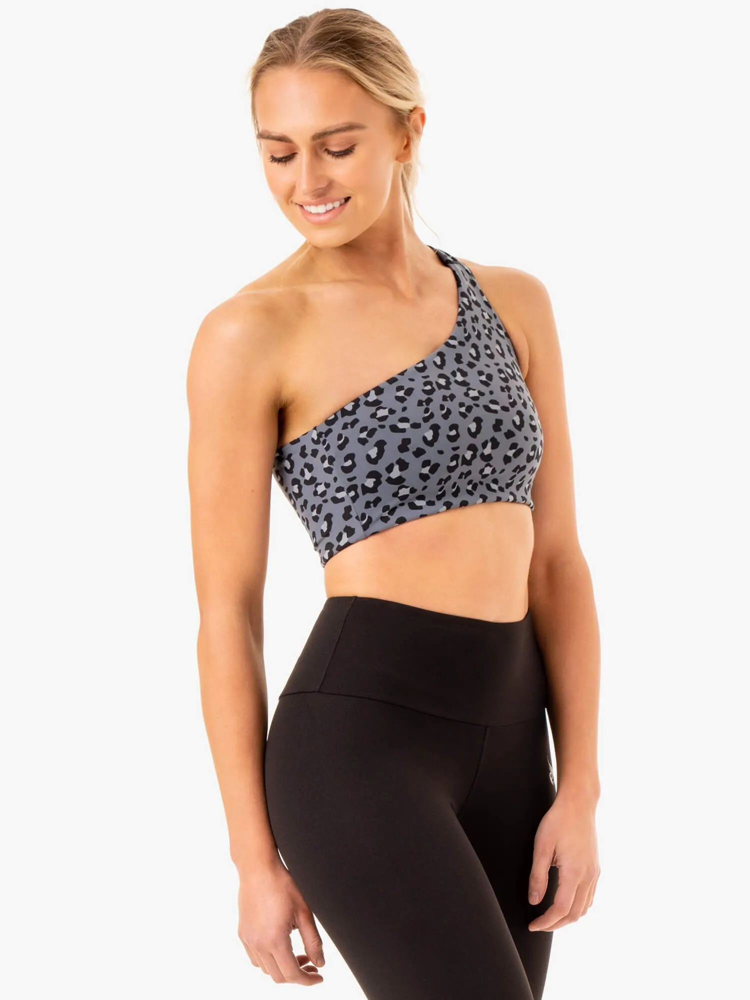 Adapt One Shoulder Sports Bra - Steel Blue Leopard