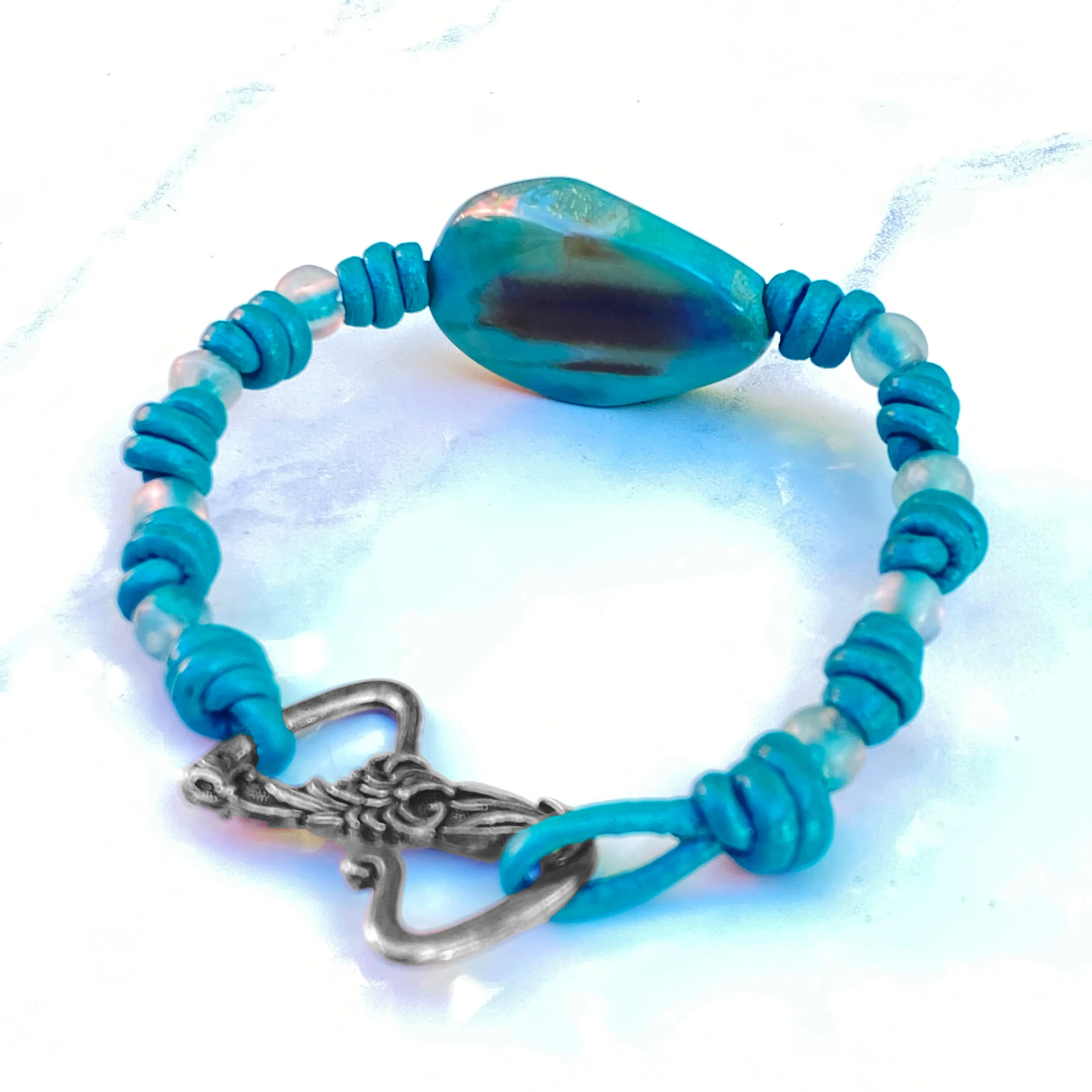 Agate and Fluorite gemstones on hand knotted Leather Bracelet