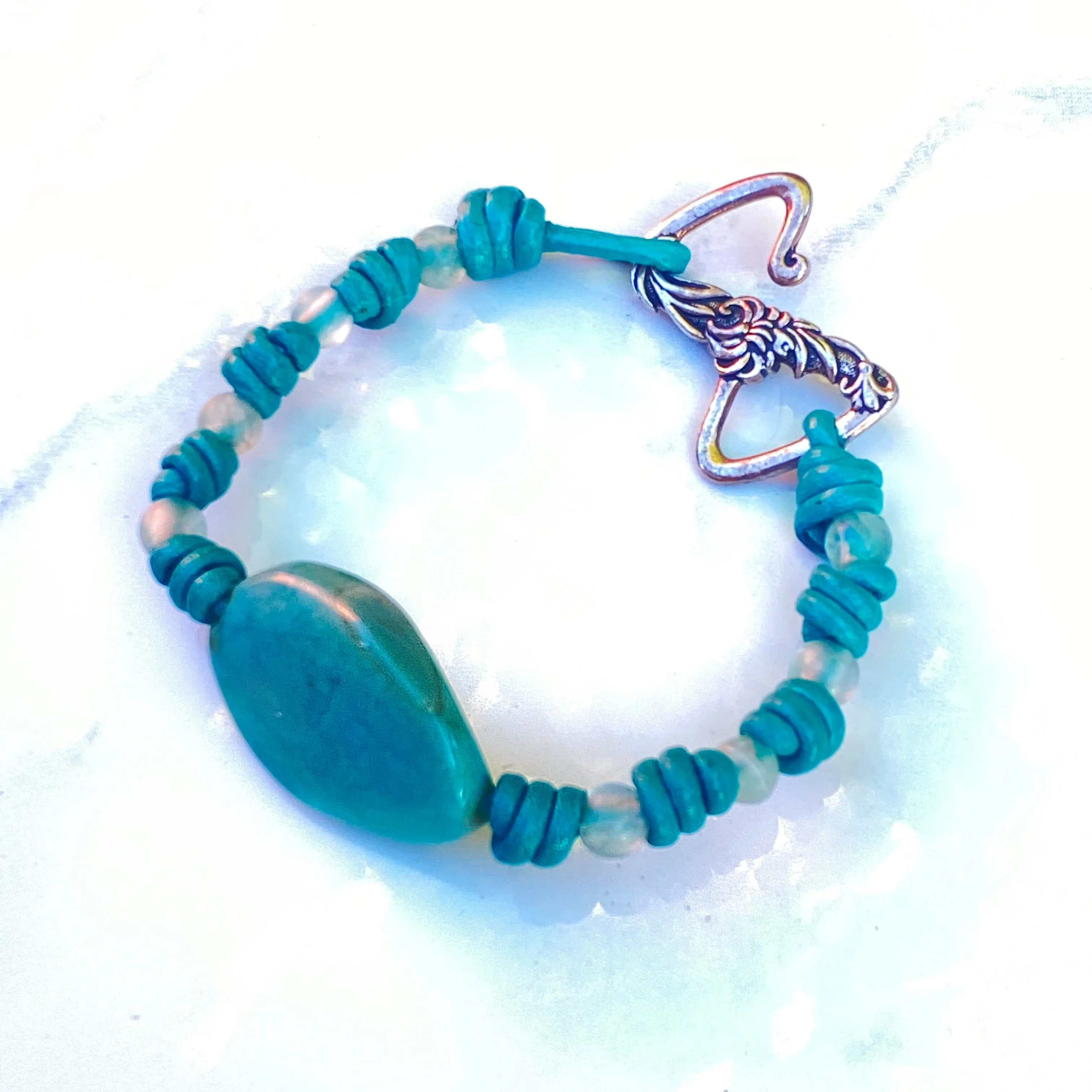 Agate and Fluorite gemstones on hand knotted Leather Bracelet