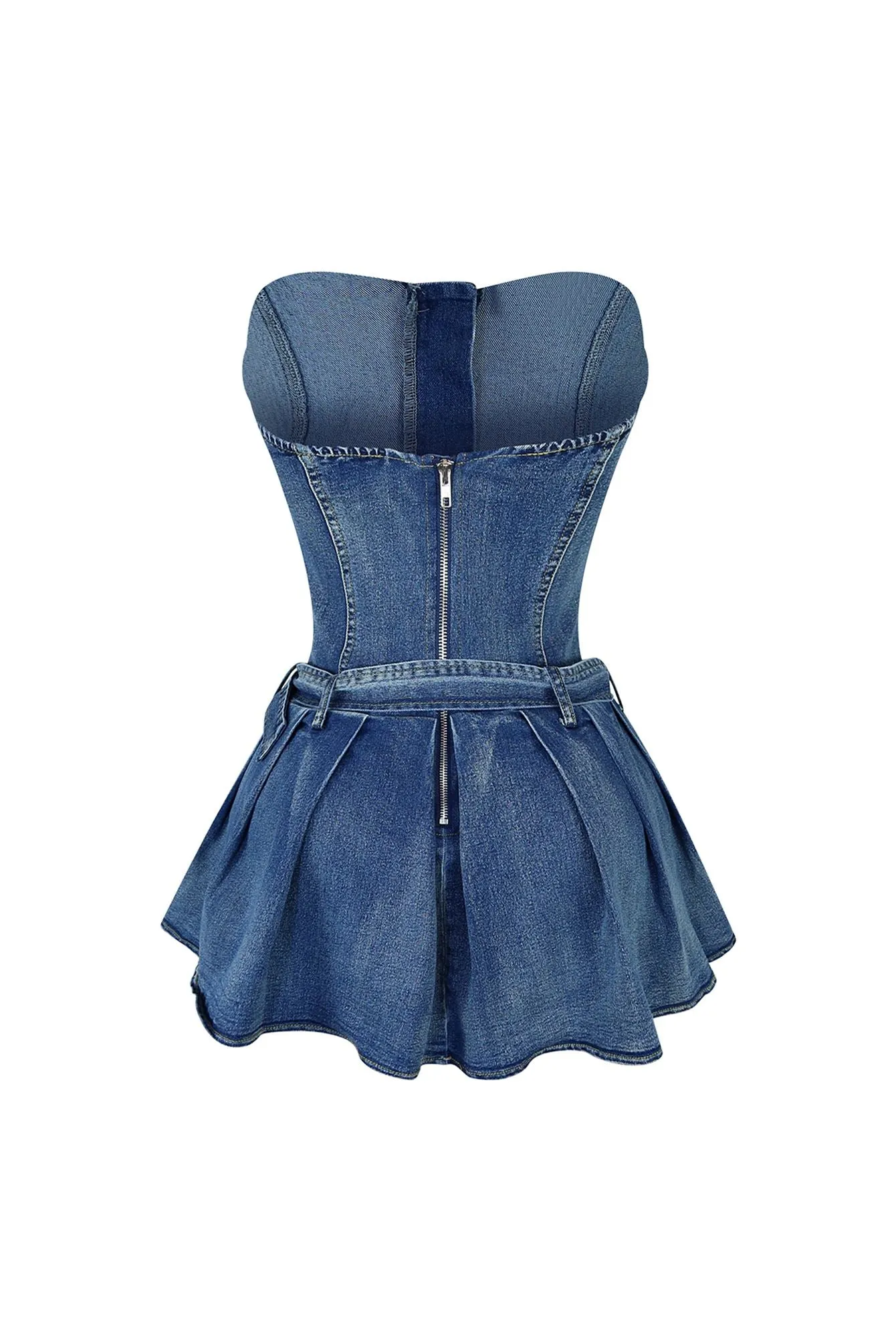 Allie Pleated Belt Strapless Denim Dress