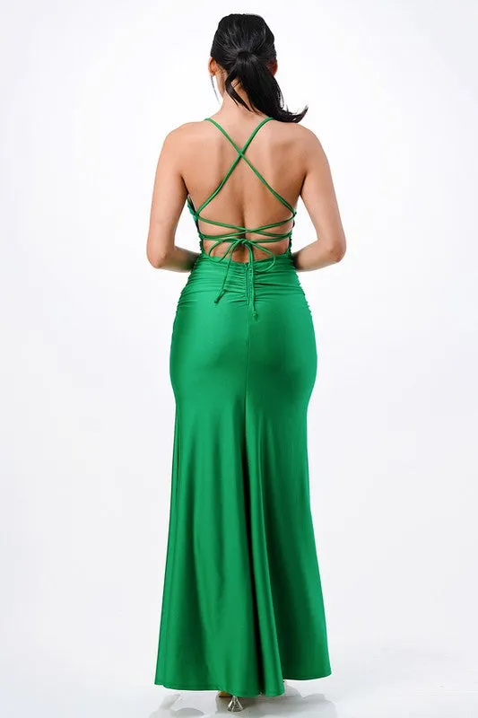 Back lace up mermaid dress with waist shirring