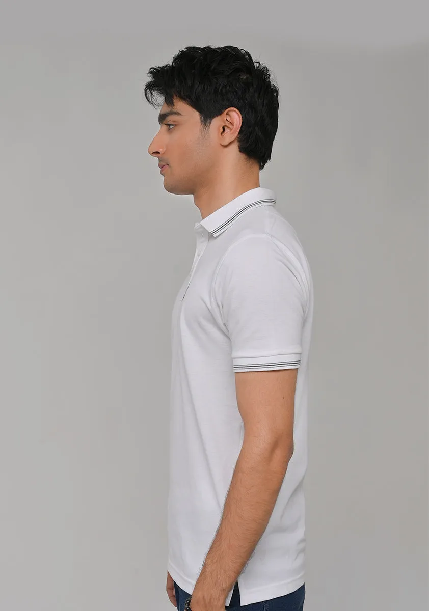 Basic Polo White Knitted Collar T-Shirt