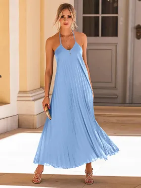 Beach Wedding Guest Attire: Women's Sleeveless Pleated Halter Neck Dress