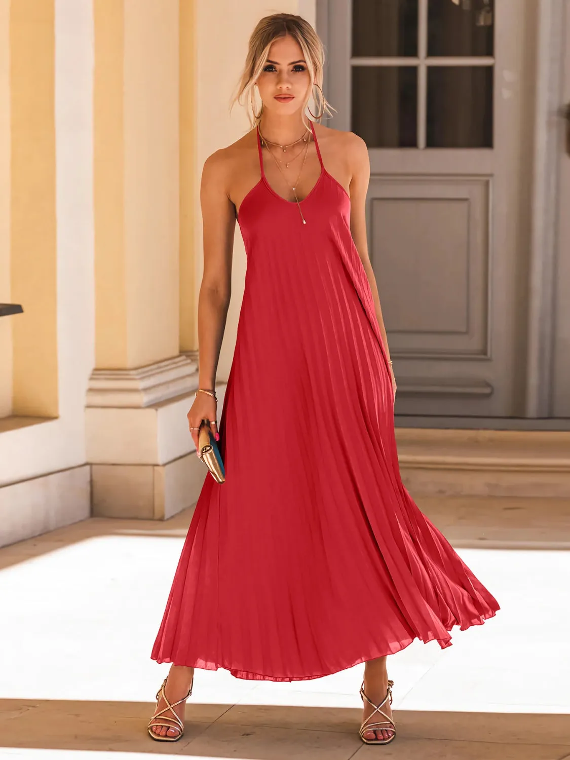 Beach Wedding Guest Attire: Women's Sleeveless Pleated Halter Neck Dress