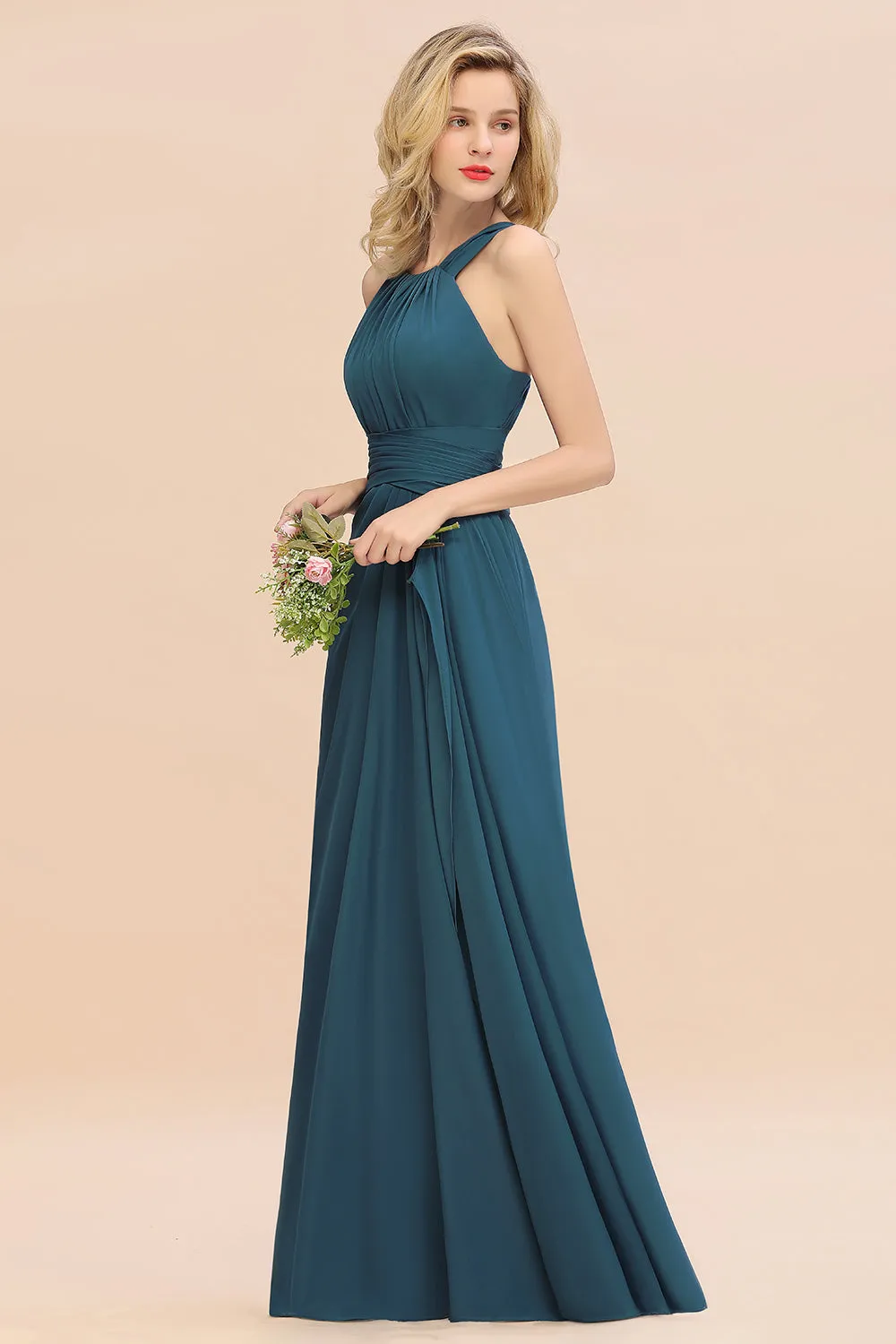 Beautiful Long A-line Halter Chiffon Backless Bridesmaid Dresses