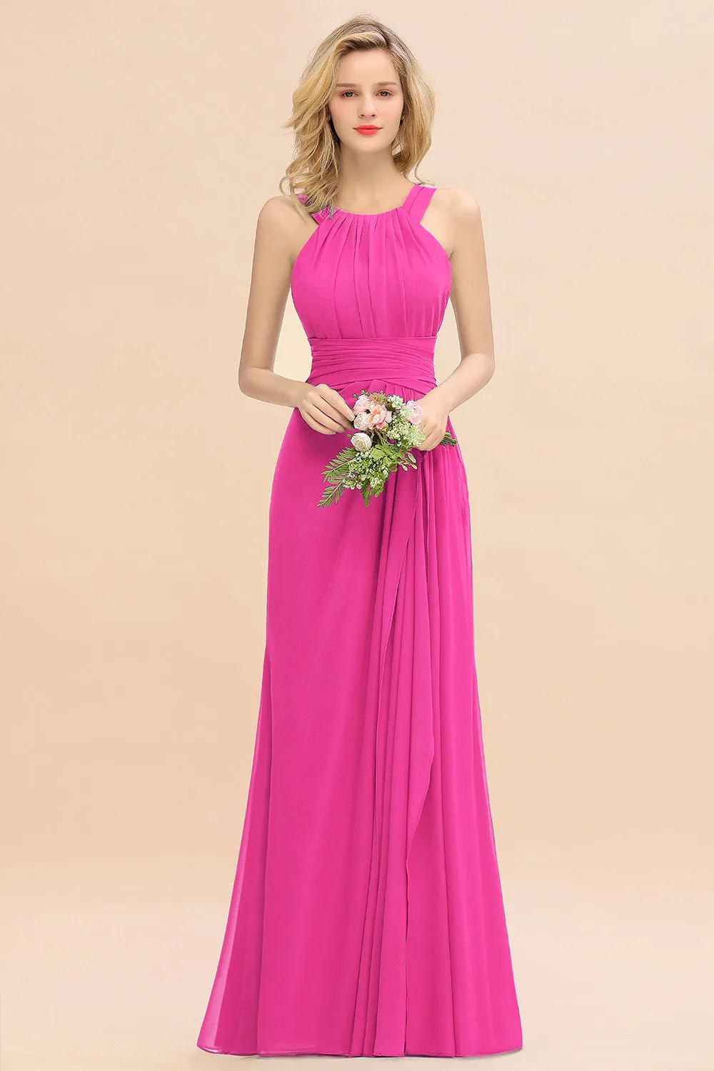 Beautiful Long A-line Halter Chiffon Backless Bridesmaid Dresses