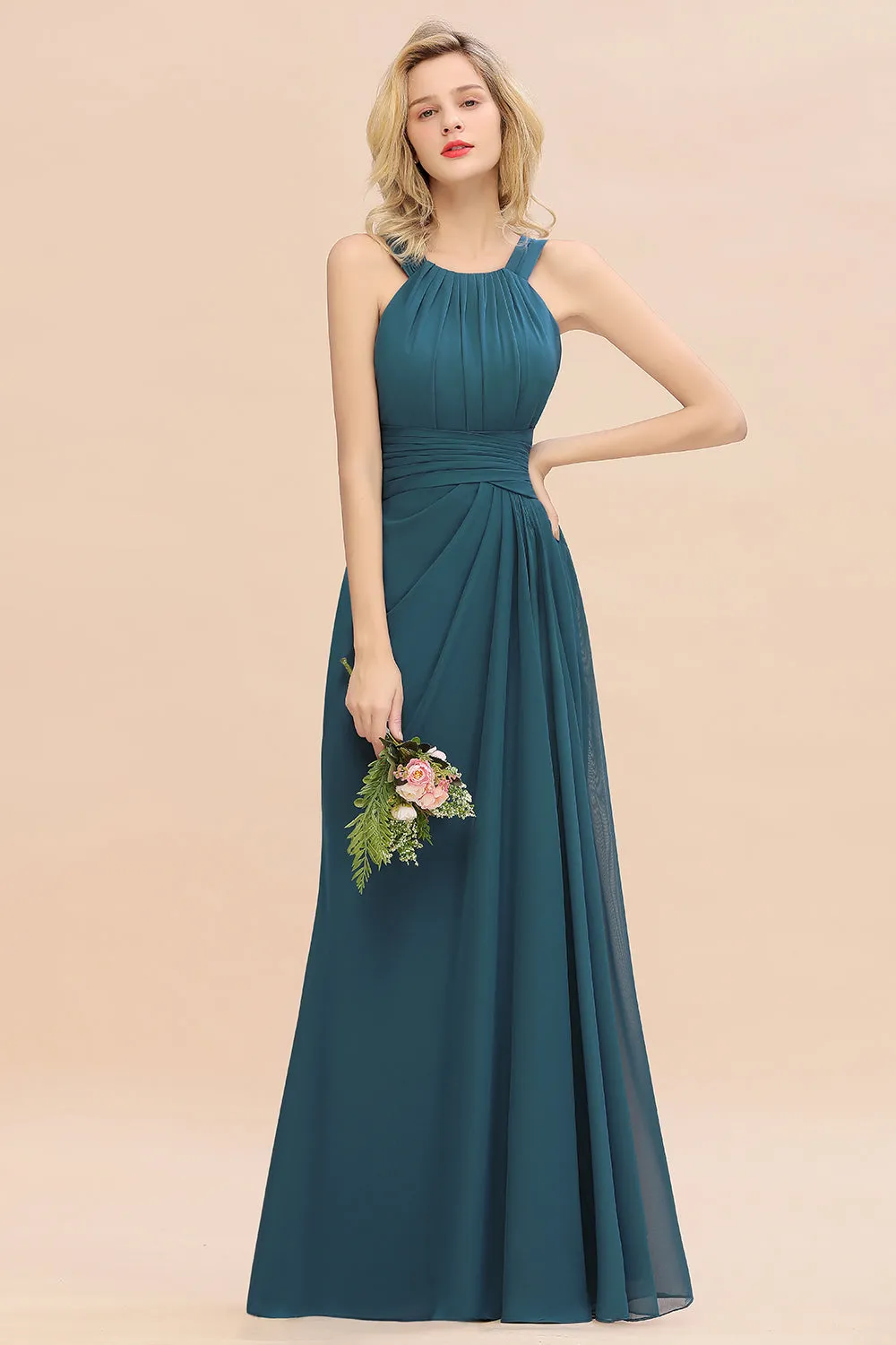 Beautiful Long A-line Halter Chiffon Backless Bridesmaid Dresses