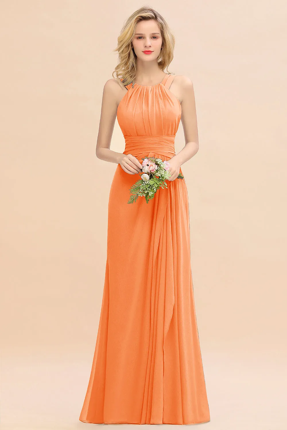 Beautiful Long A-line Halter Chiffon Backless Bridesmaid Dresses