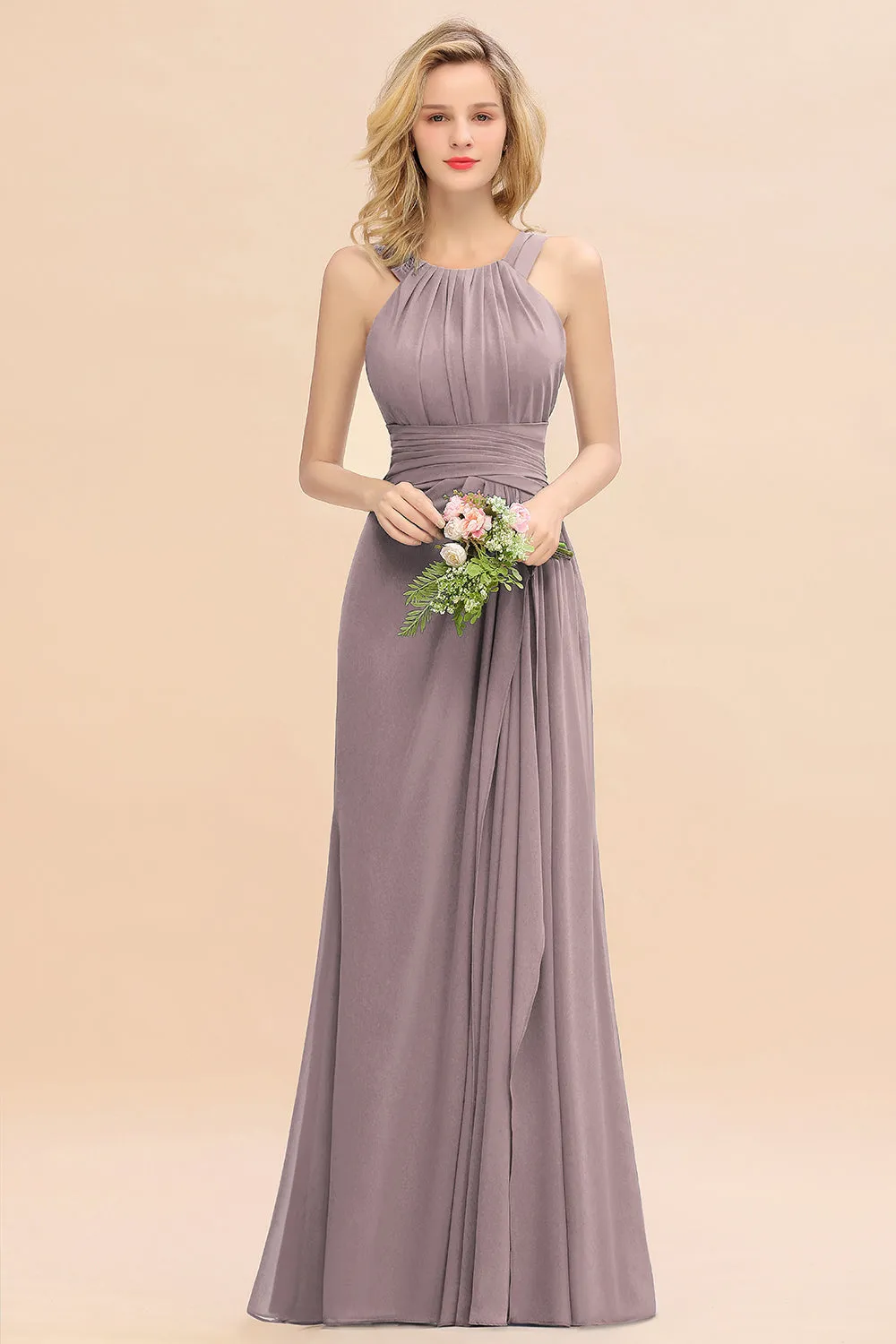 Beautiful Long A-line Halter Chiffon Backless Bridesmaid Dresses