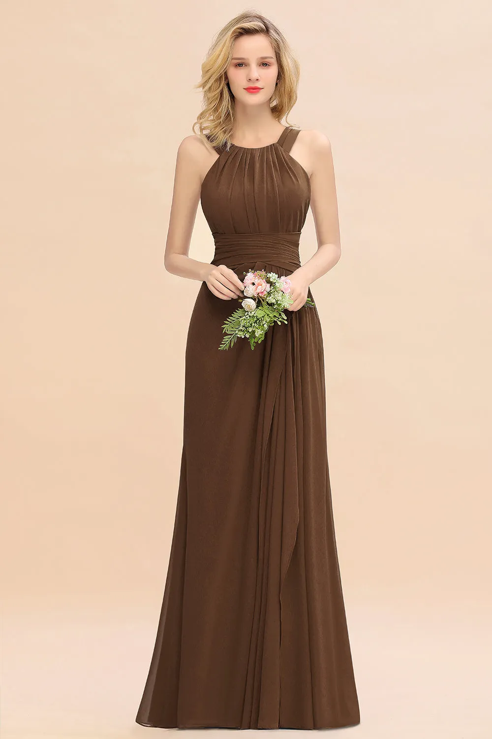 Beautiful Long A-line Halter Chiffon Backless Bridesmaid Dresses