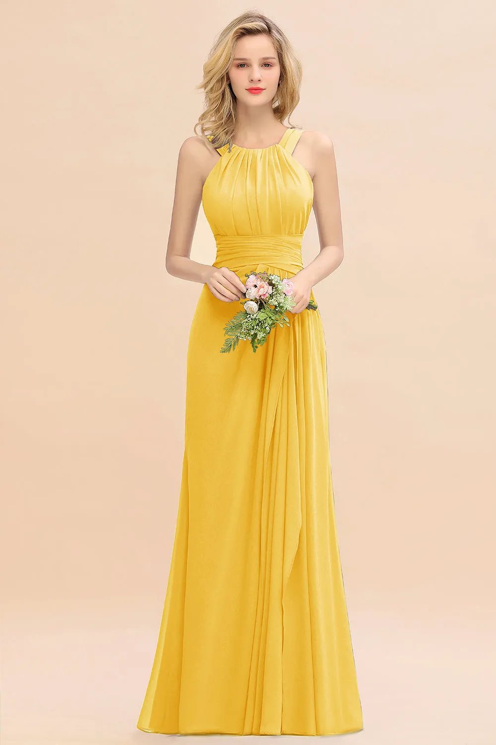 Beautiful Long A-line Halter Chiffon Backless Bridesmaid Dresses