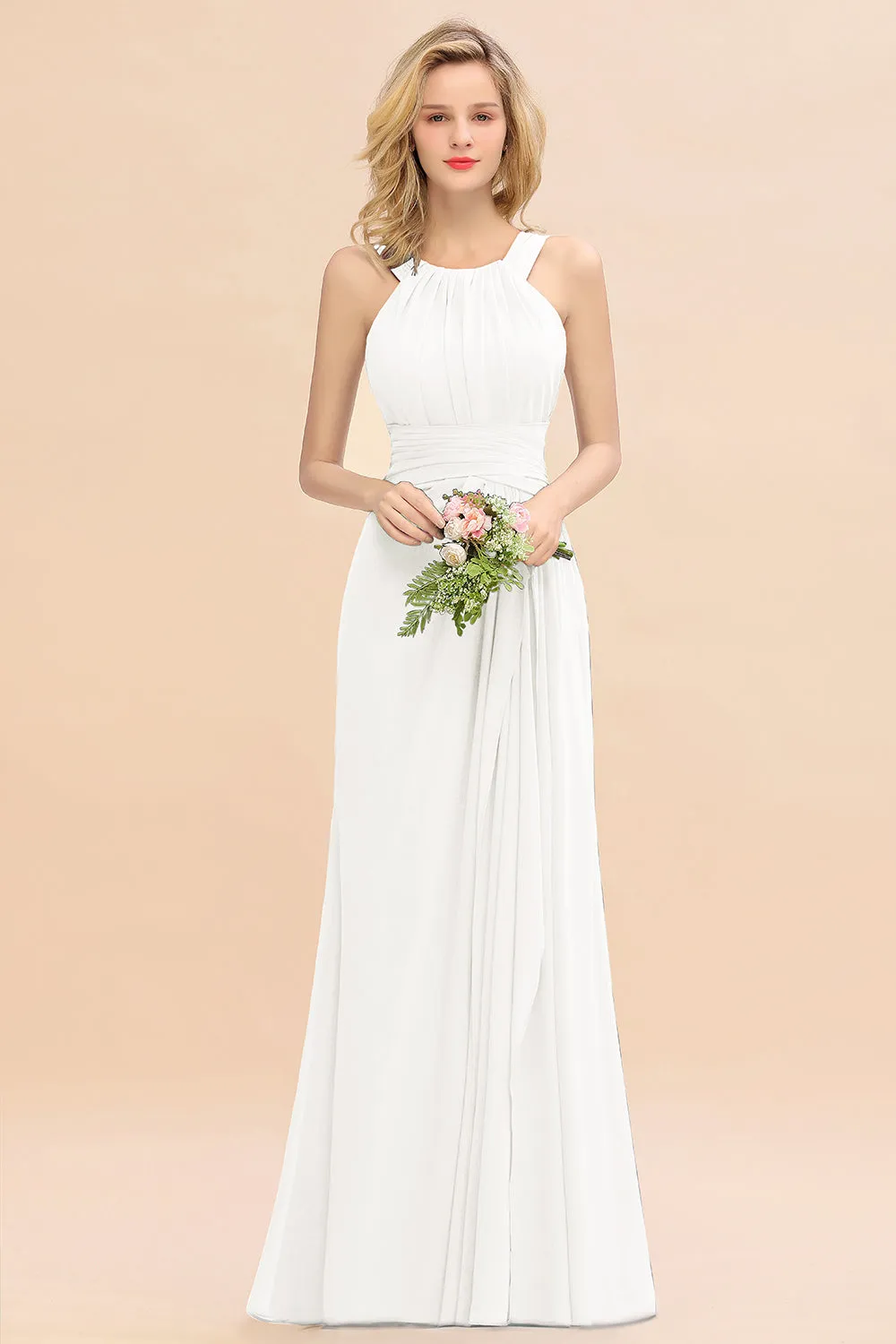 Beautiful Long A-line Halter Chiffon Backless Bridesmaid Dresses