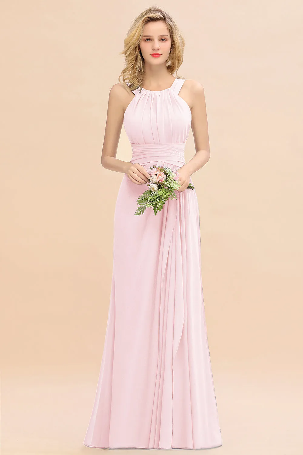 Beautiful Long A-line Halter Chiffon Backless Bridesmaid Dresses