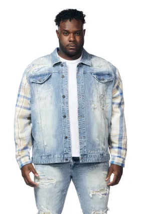 Big and Tall Embroidered Plaid Backed Denim Jacket - Lowell Blue