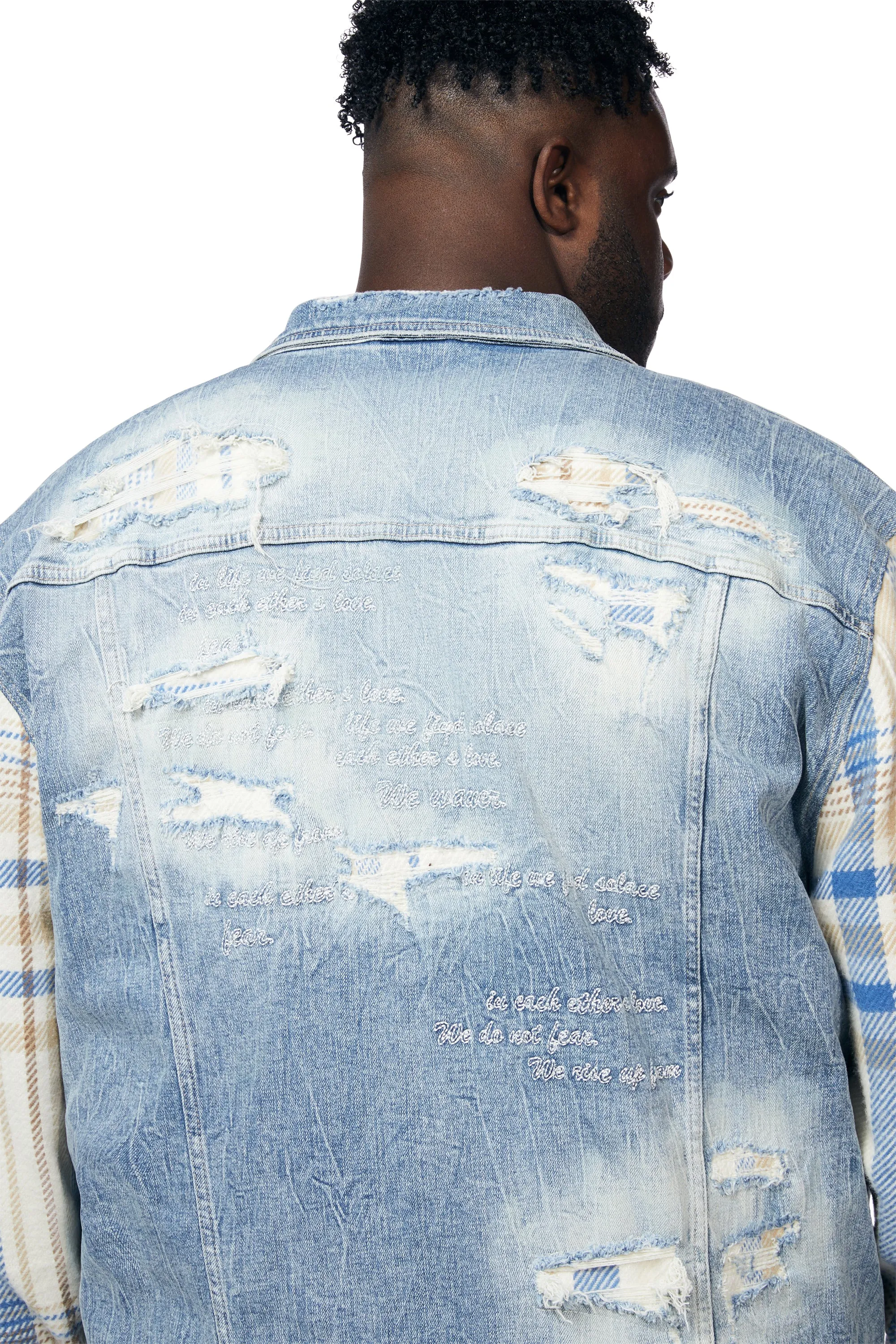 Big and Tall Embroidered Plaid Backed Denim Jacket - Lowell Blue