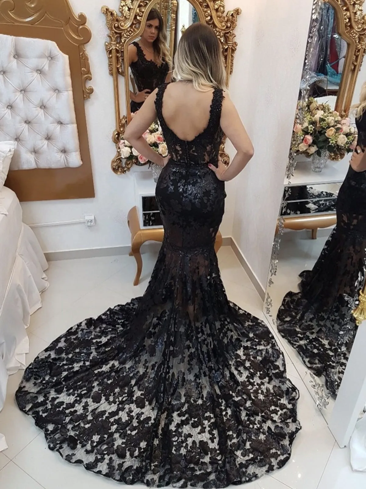 Black Long Mermaid Sweetheart Lace Formal Evening Prom Dresses