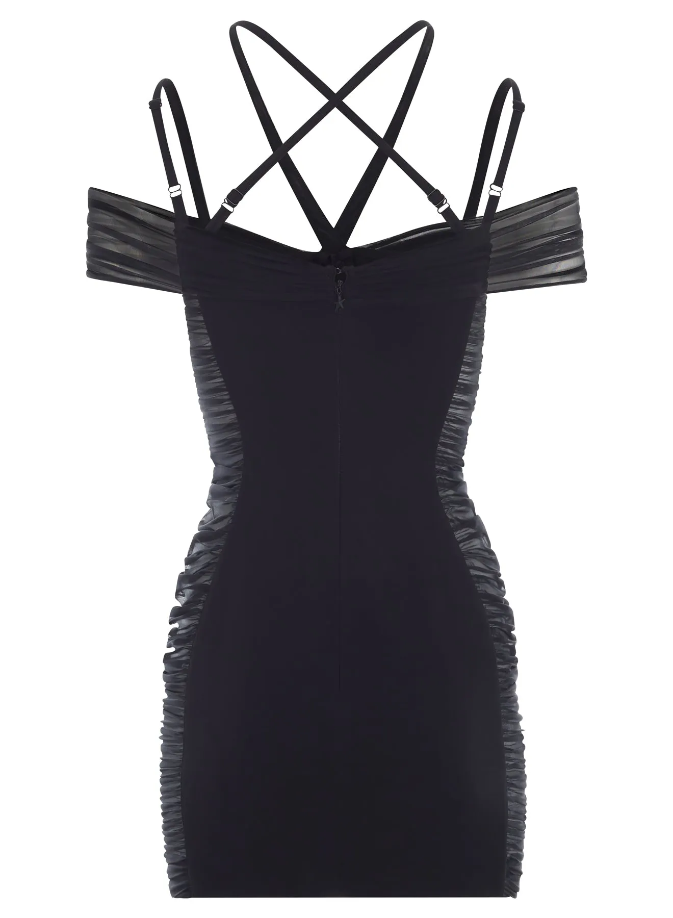 black ruched halter mini dress