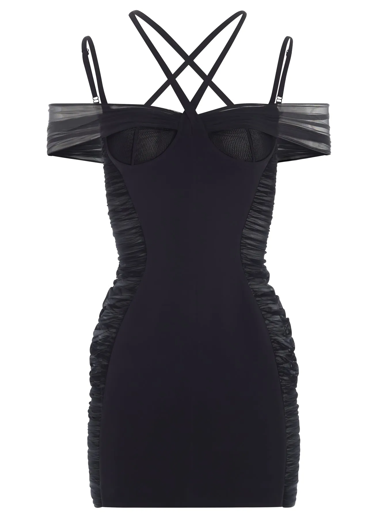 black ruched halter mini dress