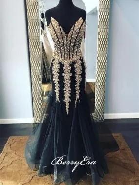 Black Tulle Ivory Lace Prom Dresses, Mermaid Prom Dresses, Long Prom Dresses