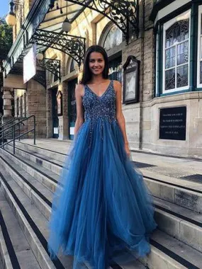 Blue V Neck Tulle Prom Dress Beading Tulle Long Vintage Prom Dress #ER266