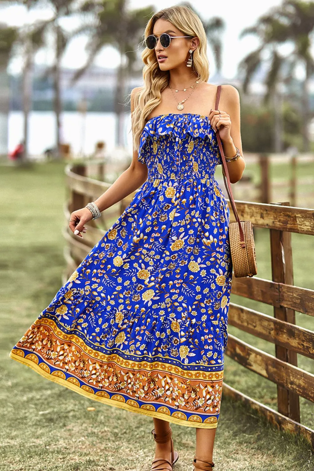 Bohemian Strapless Midi Dress with Slit - Summer Beach Wedding Guest Outfit for Women