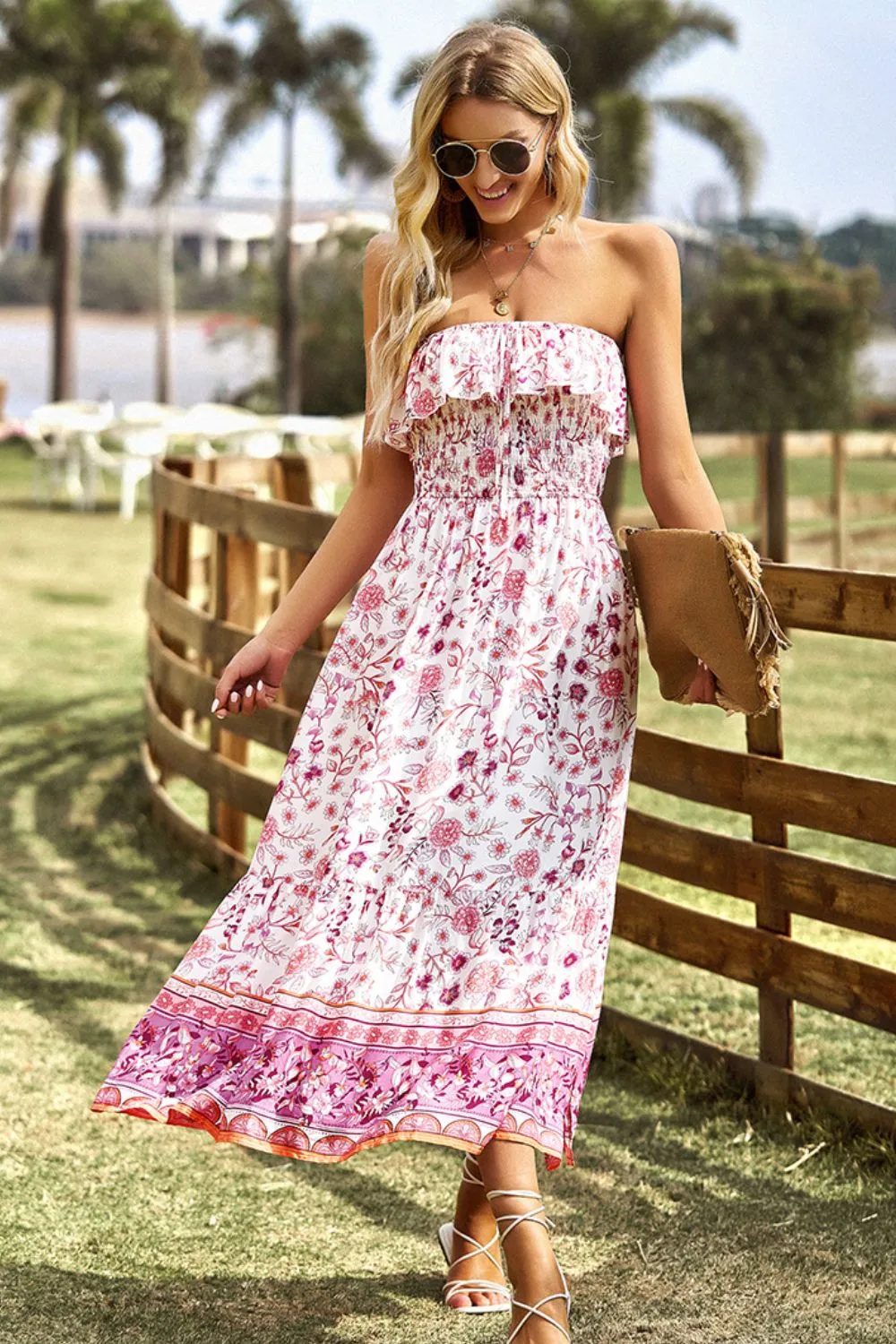 Bohemian Strapless Midi Dress with Slit - Summer Beach Wedding Guest Outfit for Women