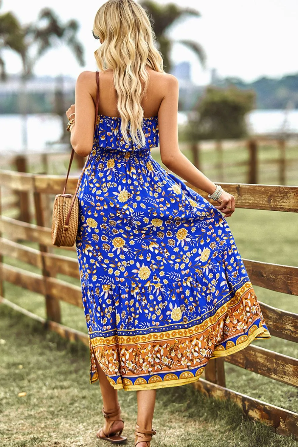 Bohemian Strapless Midi Dress with Slit - Summer Beach Wedding Guest Outfit for Women